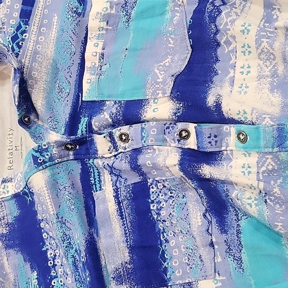 Relativity Button Front Top Cotton Rayon Blend M Blues. Teal and White Pockets - Picture 3 of 7
